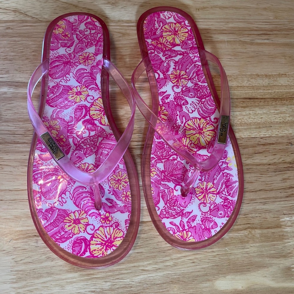 Lilly Pulitzer Womens Pink Floral Shell Print Jelly Flip Flop Sandals Size 10